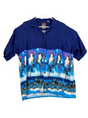 Pineapple Connection Men's Hawaiian Shirt Size XL Blue Palm Tree Print Summer